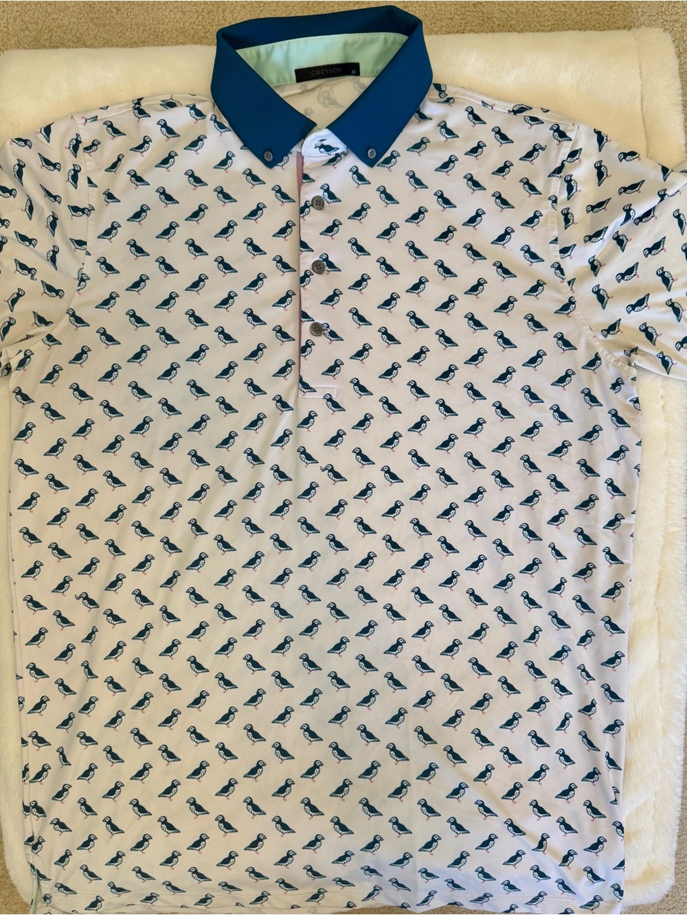 Greyson Polo (Size medium, white w/ penguin pattern & teal collar)